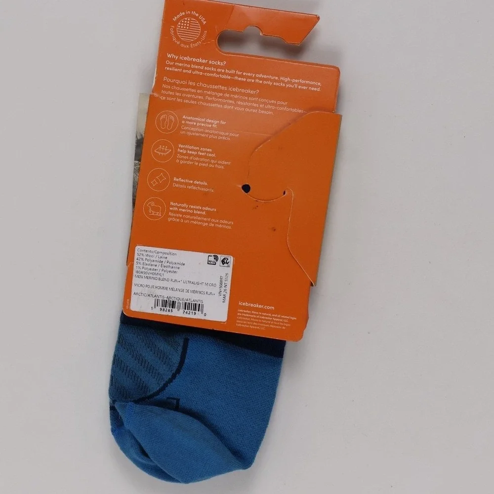 Icebreaker Run Micro Socks Merino Blend Blue Ultralight Men Large NWT